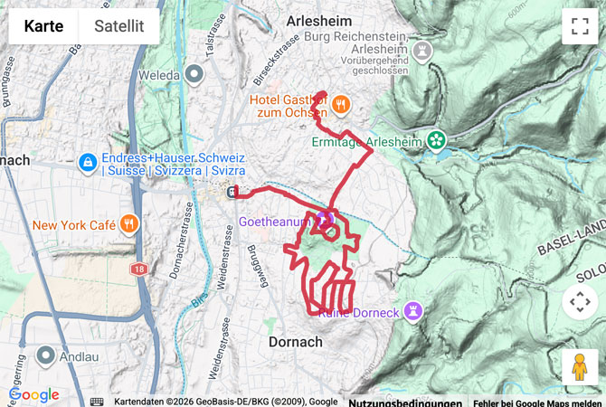 Routenskizze zur Wanderung auf dem «Architekturpfad Dornach Arlesheim»