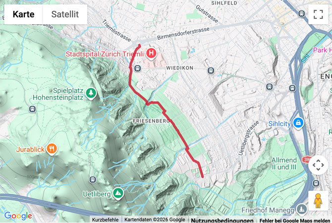Routenskizze zur Spaziergang vom Albisgütli zum Triemli