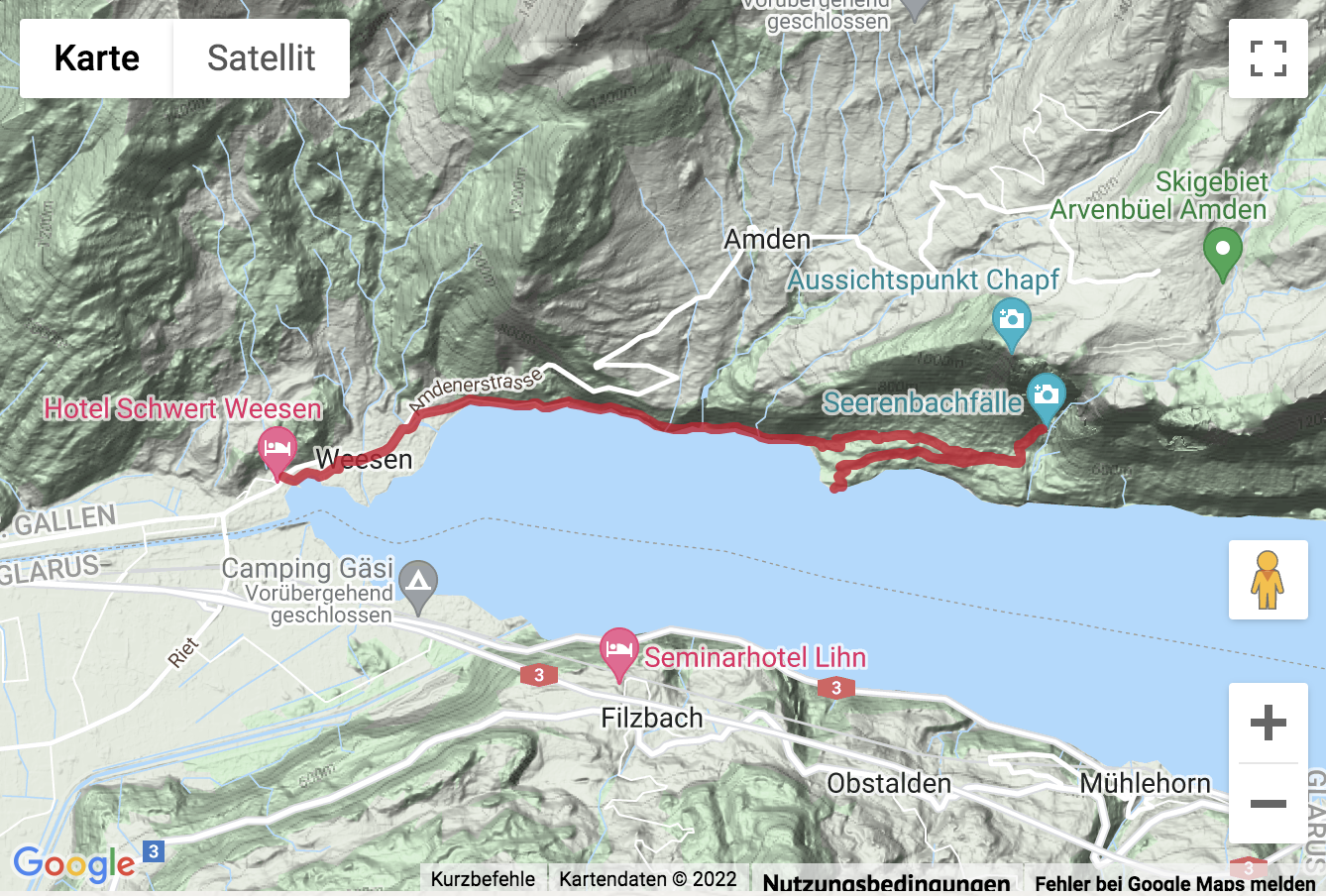 Übersichtskarte Wanderung von Weesen zu den Seerenbachfällen