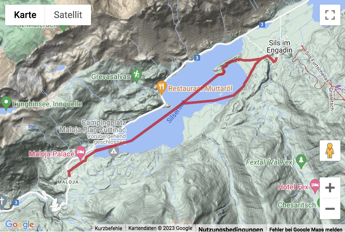 Übersichts-Routenkarte für die Winterwanderung auf dem Silsersee