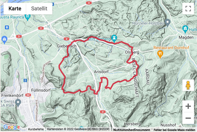 Übersichts-Routenkarte für die Wanderung durch die Obstplantagen rund um Arisdorf