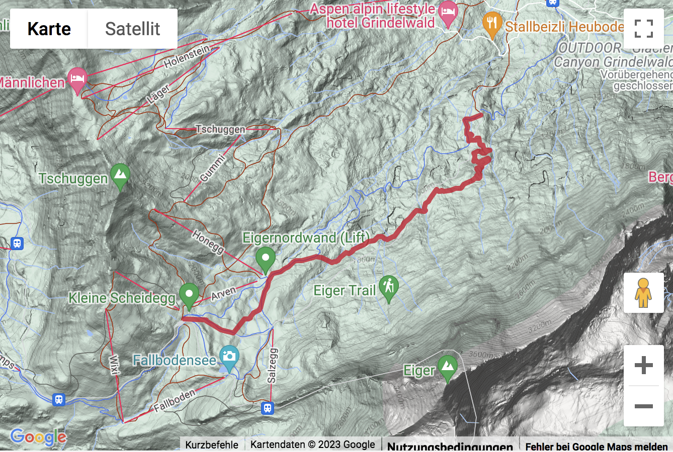 Übersichts-Routenkarte für die Winterwanderung am Fuss der Eiger-Nordwand