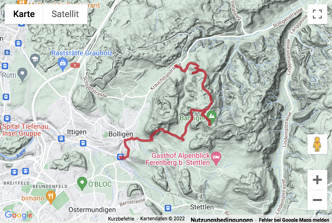 Übersichtskarte Wanderung Lutzeren - Burgruine Geristein - Bantiger - Bolligen