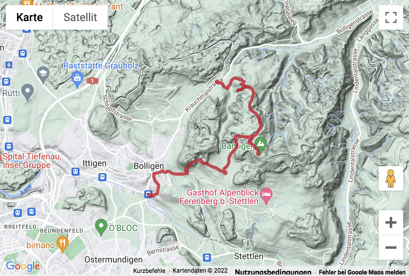 Übersichts-Routenkarte für die Wanderung Lutzeren - Burgruine Geristein - Bantiger - Bolligen