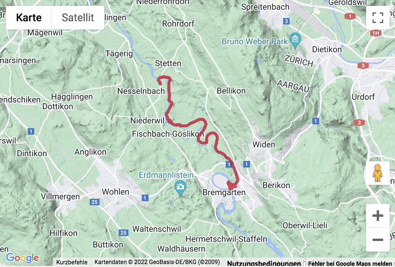 Carte de situation avec l'itinéraire pour la Reussweg-Wanderung vom Gnadental nach Bremgarten