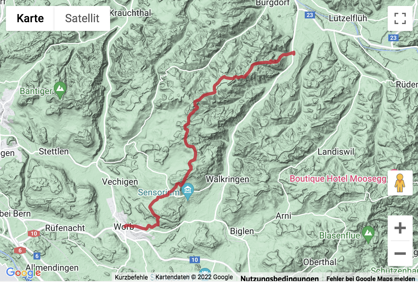 Übersichts-Routenkarte für die Panoramawanderung über den Worbberg