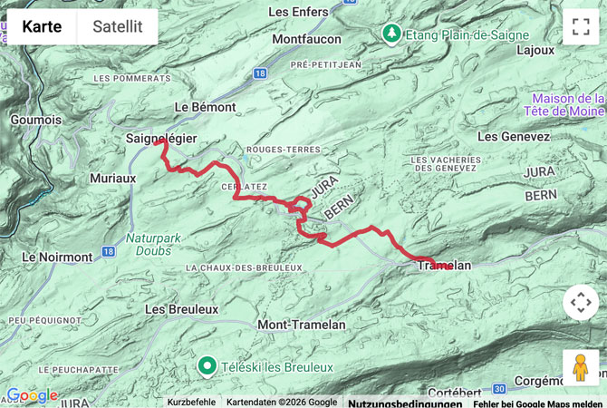 Routenskizze zur Wanderung von Saignelégier zum Etang de la Gruère
