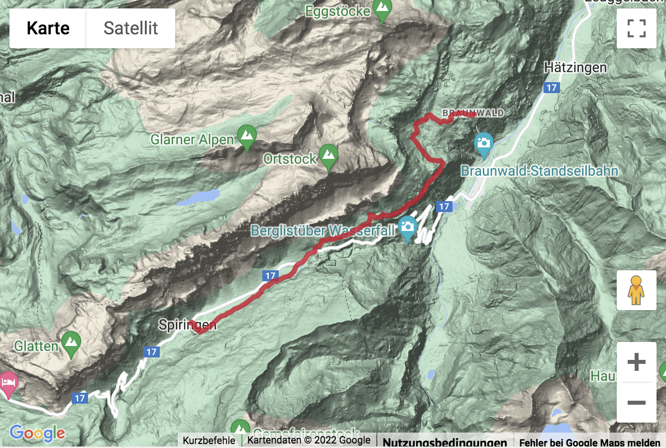 Google-Karte mit aufgezeichneter Route