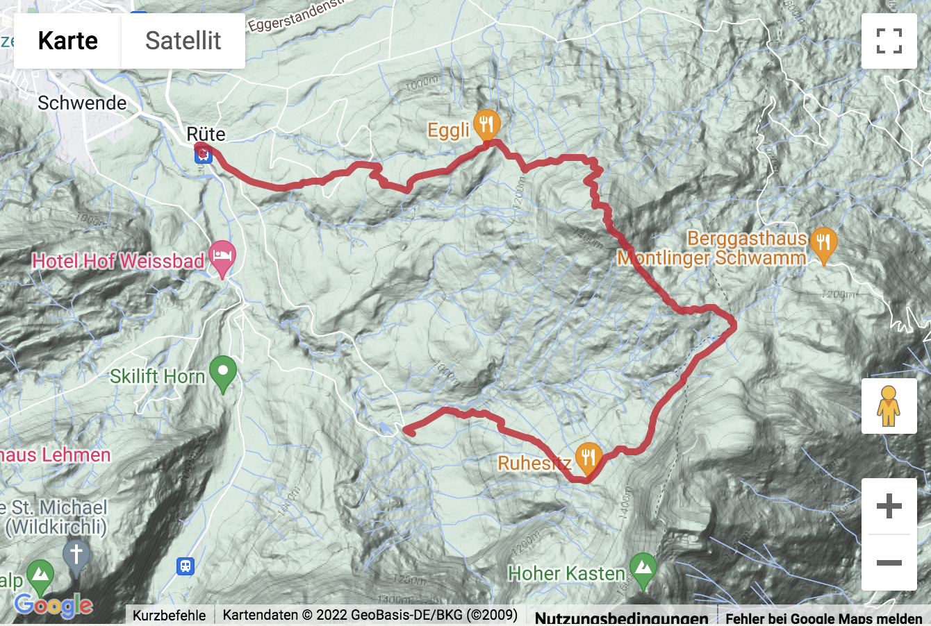 Übersichts-Routenkarte für die Bergwanderung Brülisau - Fähnerenspitz - Steinegg