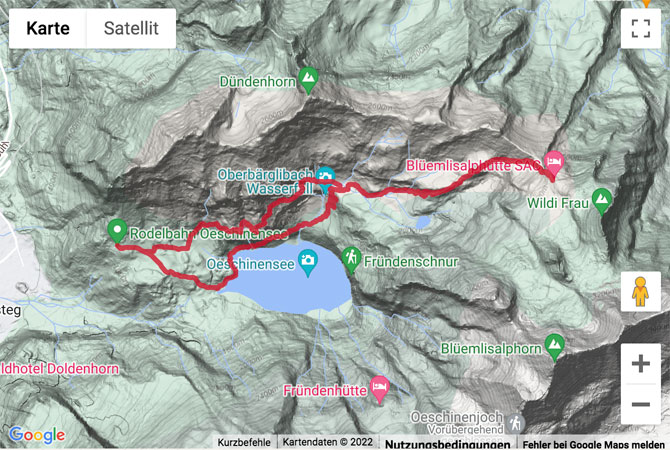 Übersichts-Routenkarte für die Bergwanderung Oeschinensee - Blüemlisalphütte