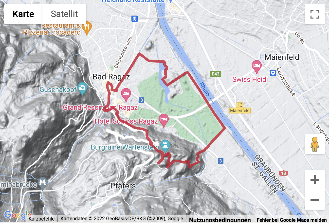 Übersichts-Routenkarte für die Rundwanderung Bad Ragaz - Burgruine Wartenstein