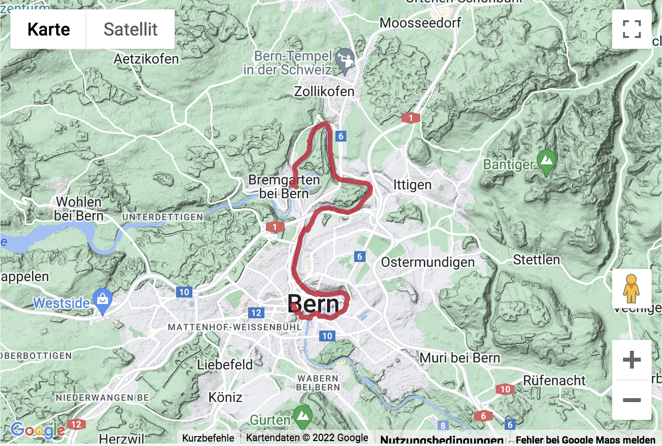 Übersichtskarte Stadtwanderung vom Hauptbahnhof Bern zum Felsenau
