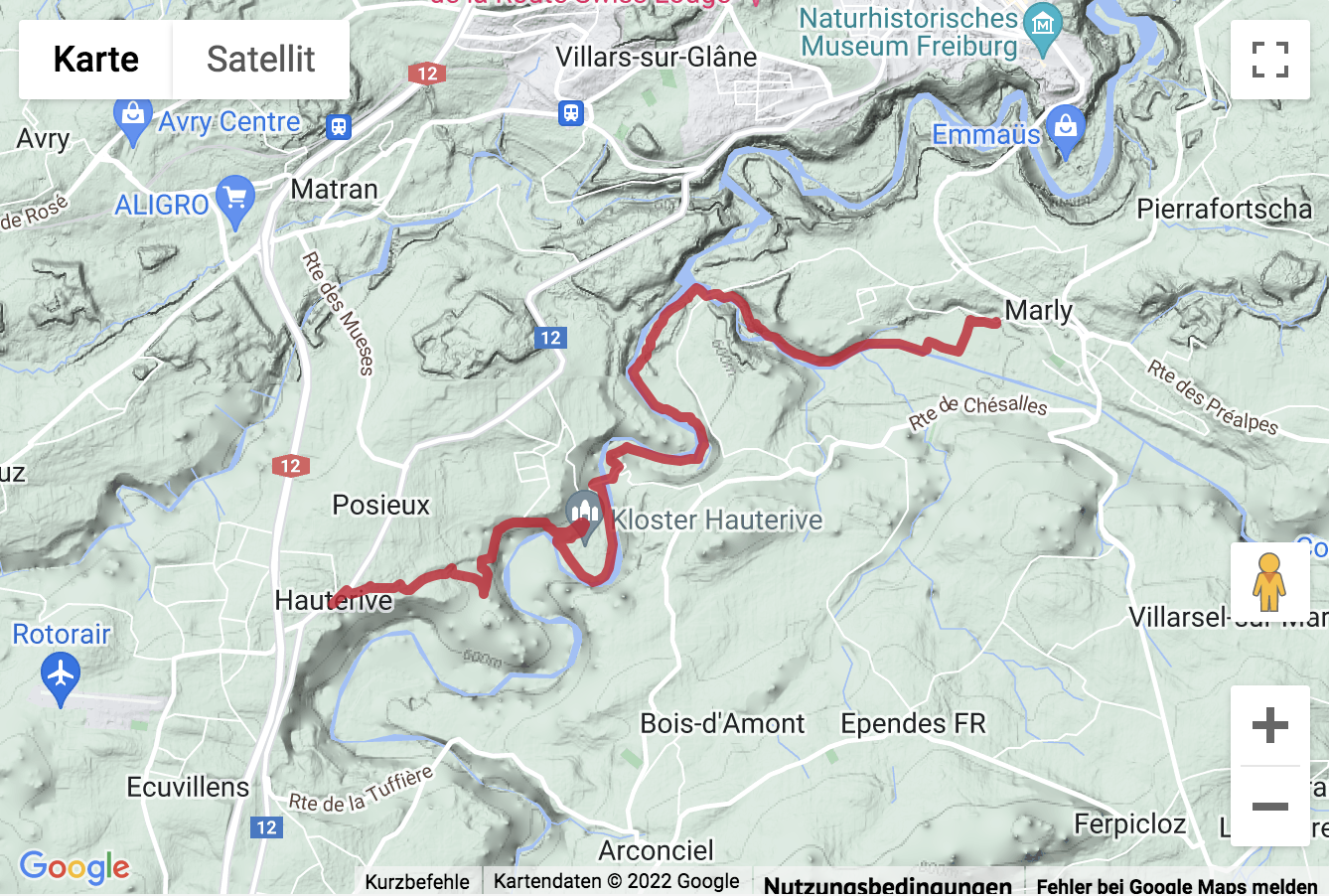 Carte de situation avec l'itinéraire pour la Uferwanderung Posieux - Kloster Hauterive - Marly