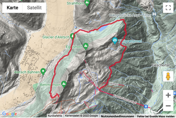 Übersichts-Routenkarte für die Panoramawanderung Bettmergrat - Märjelensee - Fiescheralp