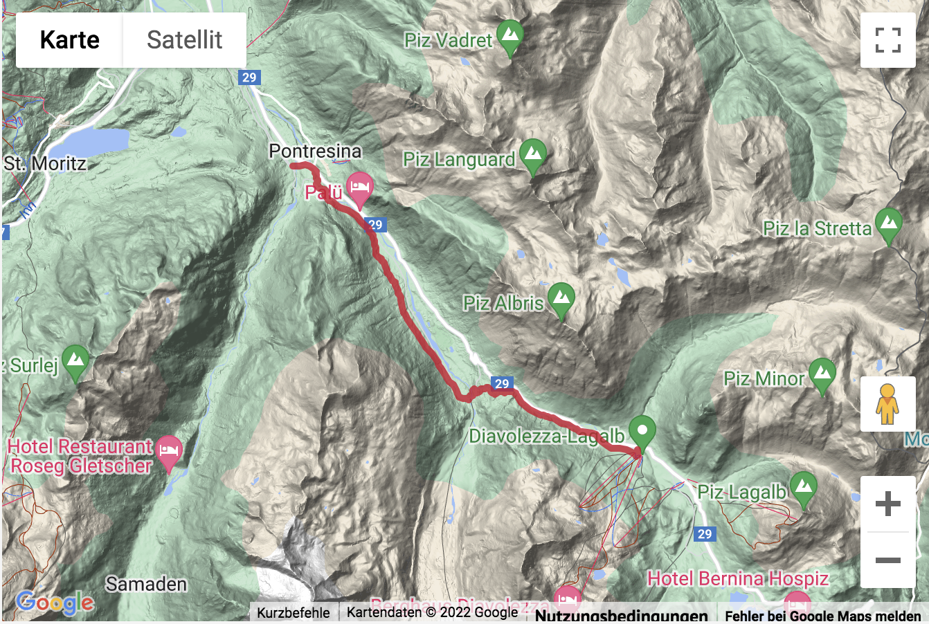 Übersichtskarte Wanderung von Pontresina zur Diavolezza