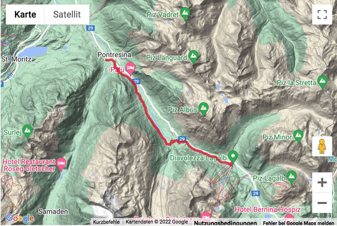 Carte de situation avec l'itinéraire pour la Wanderung von Pontresina zur Diavolezza