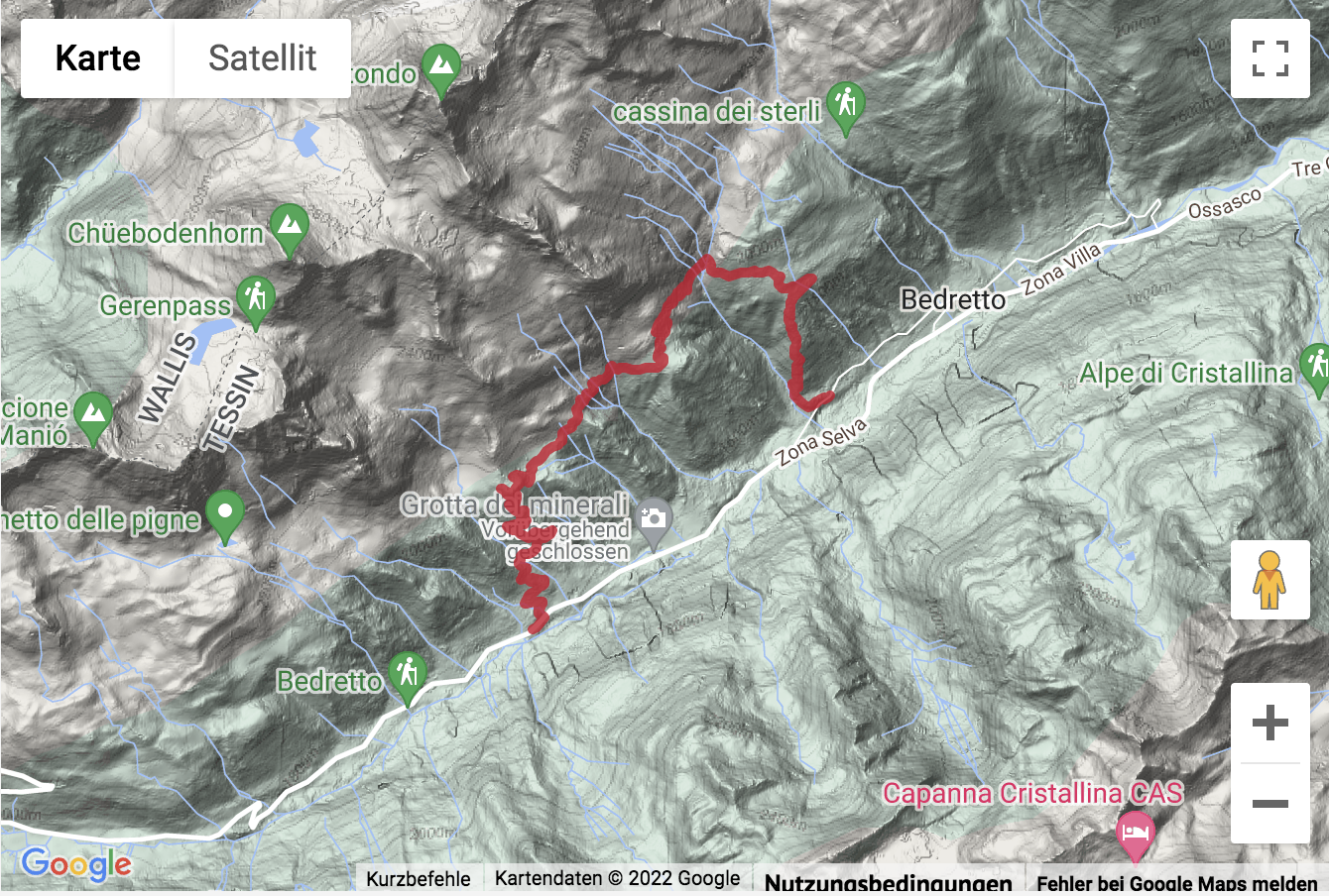 Übersichtskarte Bergwanderung auf dem Sentiero alto Val Bedretto