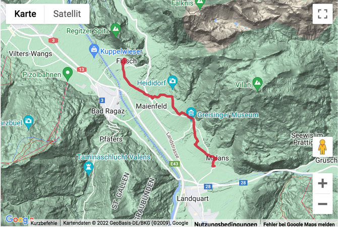 Übersichts-Routenkarte für die Rebenwanderung durch die Bündner Herrschaft