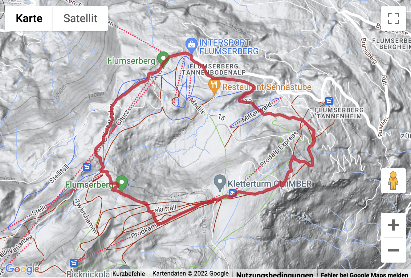 Carte de situation avec l'itinéraire pour la Ronde au Flumserberg de la Prodalp au «Chrüz»