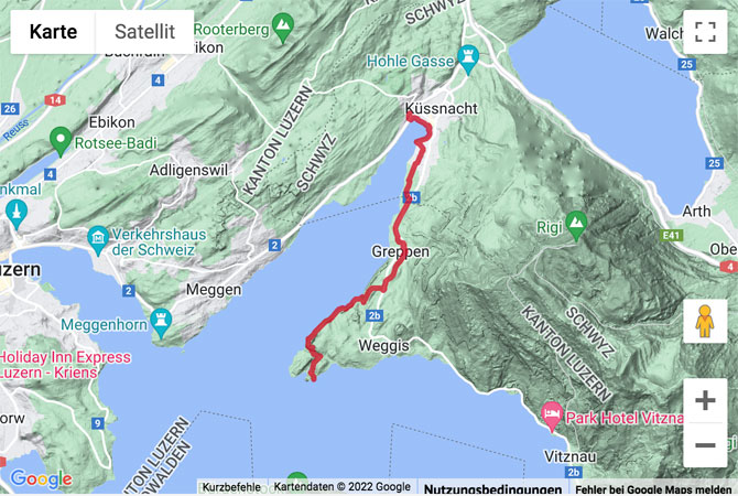 Übersichts-Routenkarte für die Wanderung von Küssnacht am Rigi nach Hertenstein