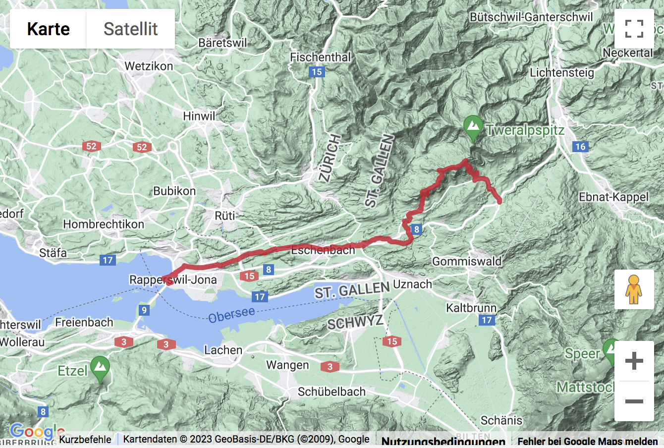 Übersichts-Routenkarte für die Wanderung vom Ricken über den Atzmännig nach Rapperswil