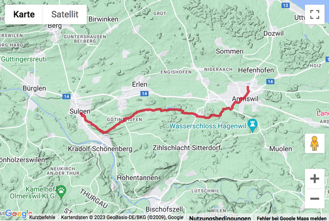 Carte de situation avec l'itinéraire pour la Wanderung von Sulgen nach Amriswil