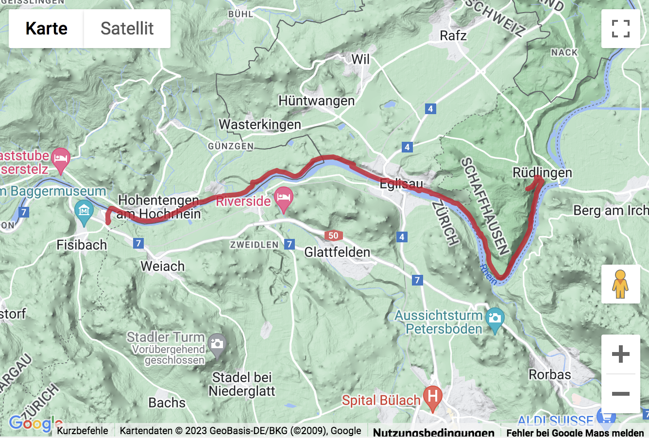 Übersichtskarte Wanderung vom Buchberg dem Rhein entlang nach Kaiserstuhl