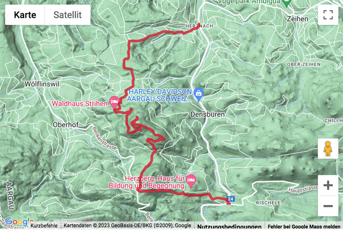 Übersichts-Routenkarte für die Wanderung von Herznach über den Strihe zur Staffelegg