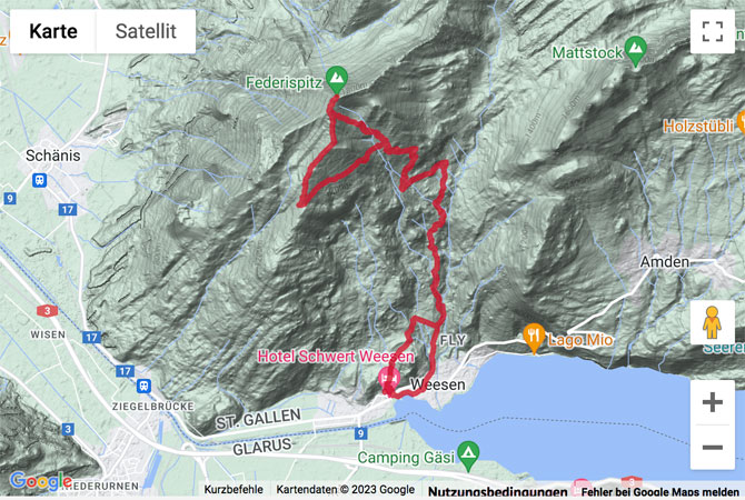 Carte de situation avec l'itinéraire pour la Gipfelwanderung auf den Federispitz und zum Plättlispitz