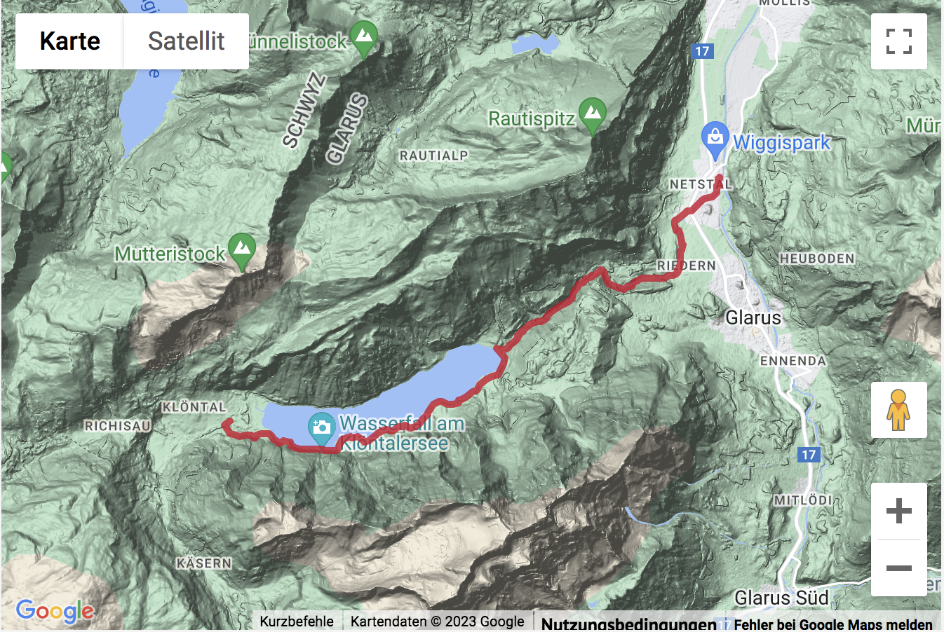 Übersichts-Routenkarte für die Wanderung vom Klöntalersee nach Netstal