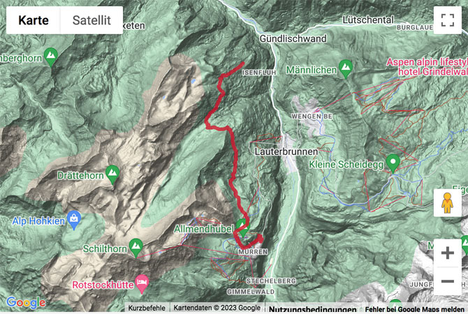 Carte de situation avec l'itinéraire pour la Bergwanderung von Mürren nach Sulwald