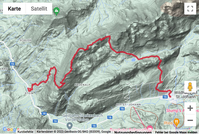 Übersichts-Routenkarte für die Gipfelwanderung von Unterwasser zum Neuenalpspitz