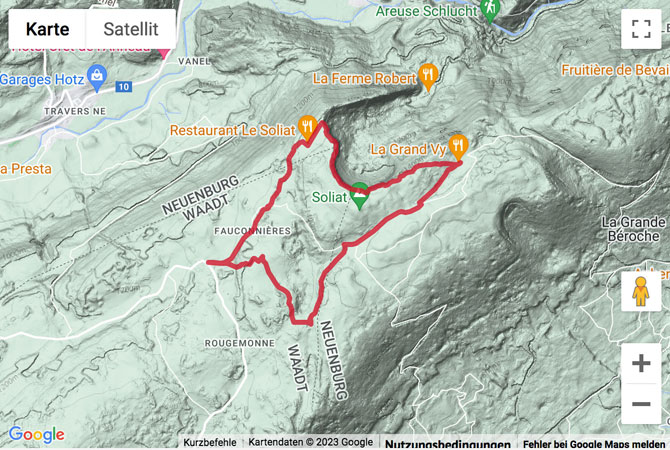 Übersichts-Routenkarte für die Wanderung zu den Berggasthöfen auf dem Creux du Van