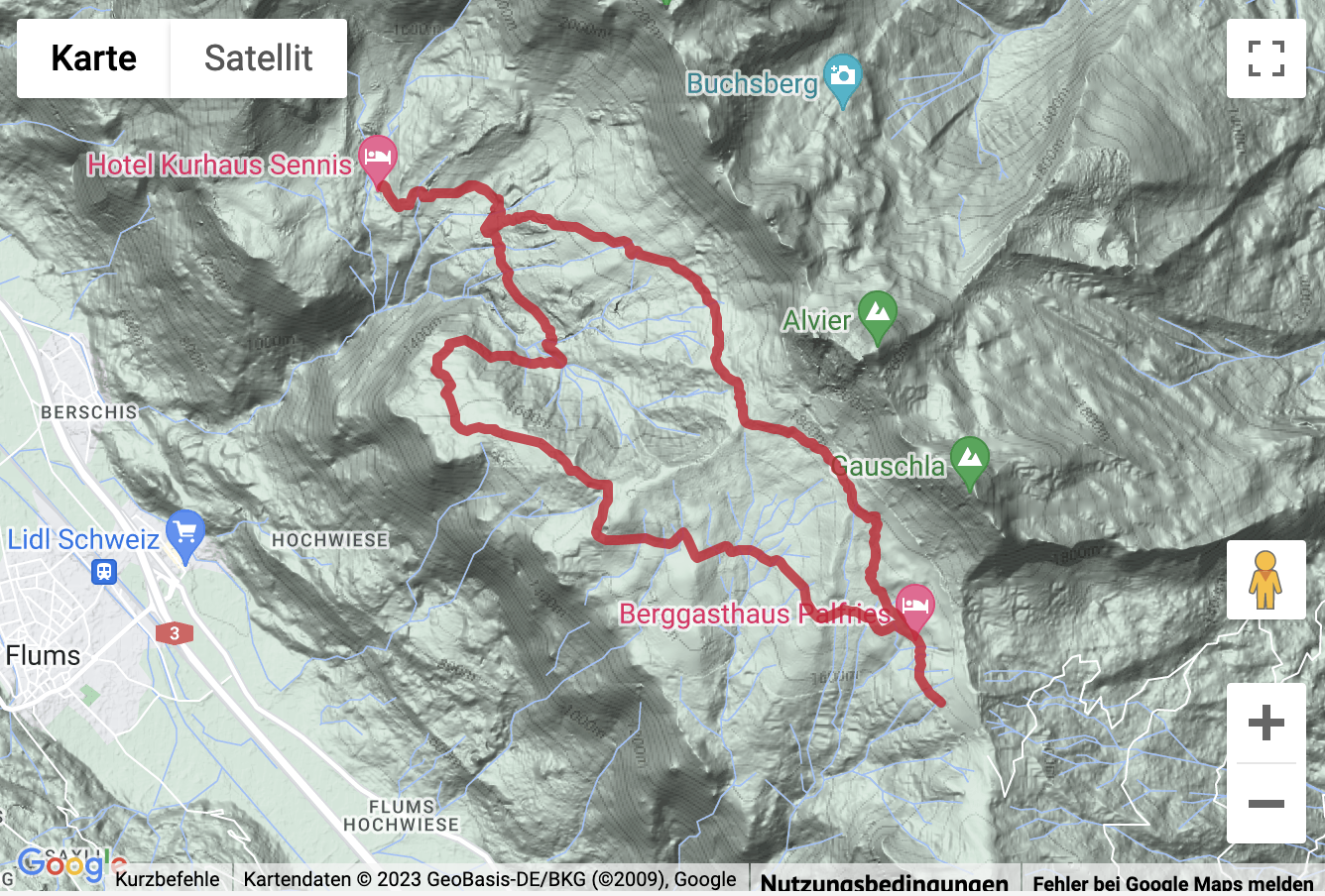 Übersichts-Routenkarte für die Panoramawanderung von Palfries zur Sennisalp