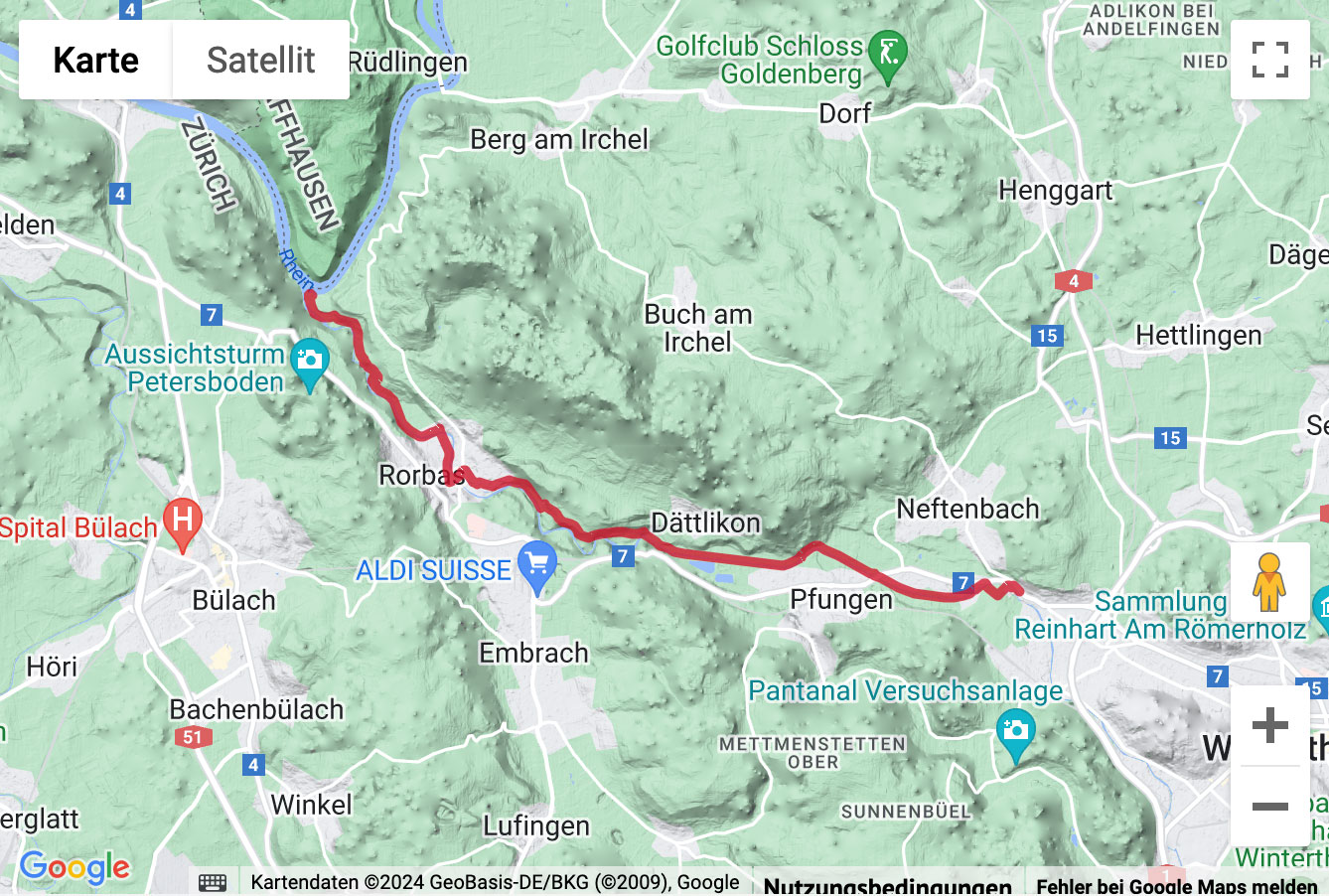 Übersichtskarte Flussuferwanderung von Winterthur zum Tössegg