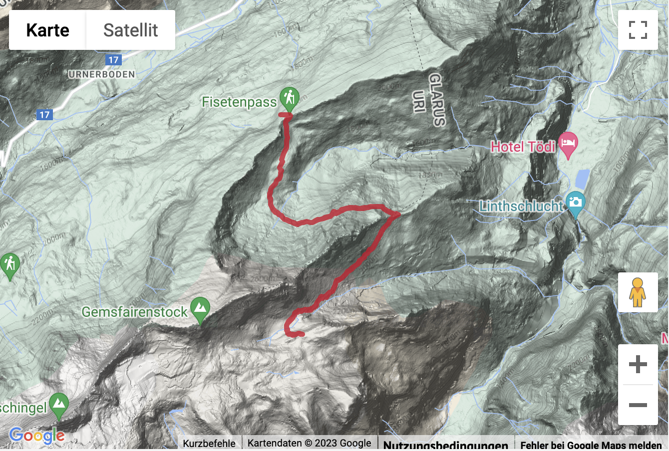 Übersichts-Routenkarte für die Bergwanderung über den Fisetenpass zur Claridenhütte SAC