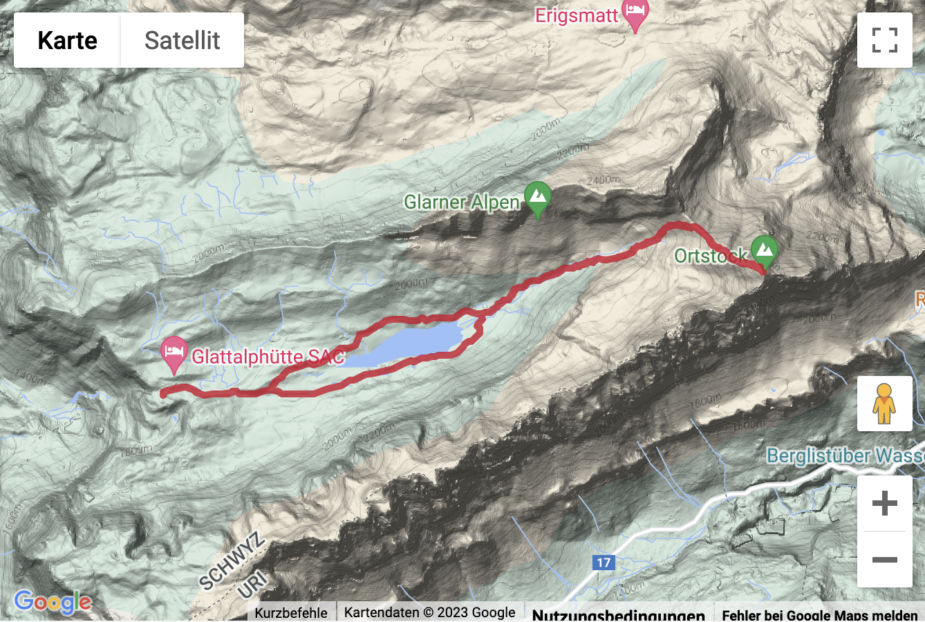 Carte de situation avec l'itinéraire pour la Gipfelwanderung von der Glattalp auf den Ortstock