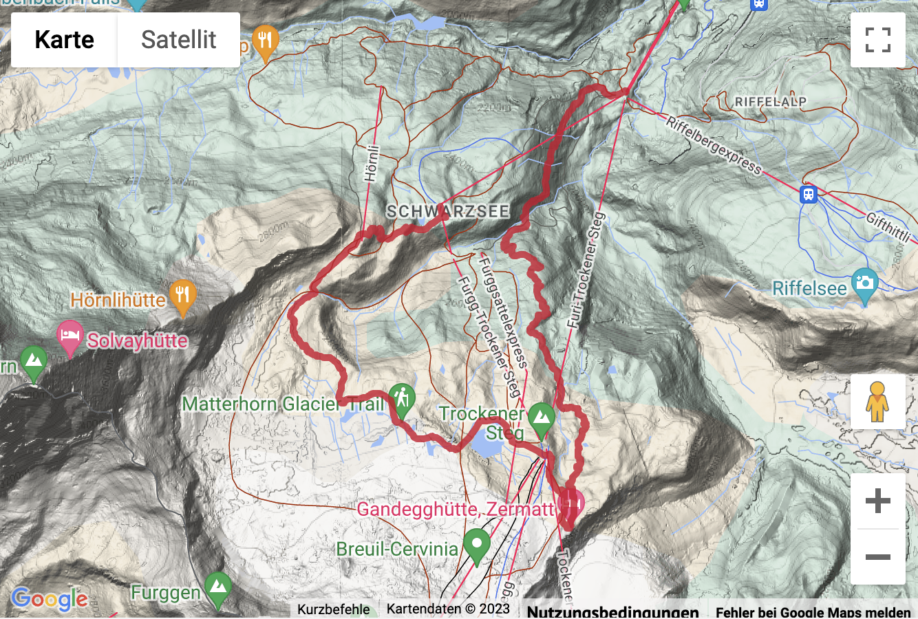 Übersichts-Routenkarte für die Bergwanderung Schwarzsee - Gandegghütte - Furi