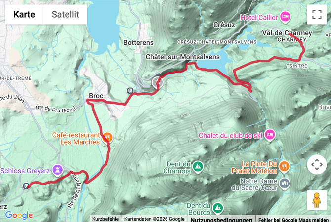 Routenskizze zur Wanderung durch die Jaunbachschlucht nach Gruyères