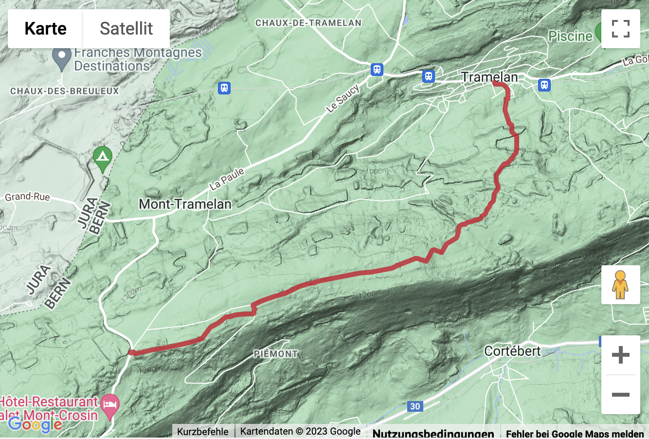 Übersichtskarte Wanderung vom Col du Mont Crosin nach Tramelan