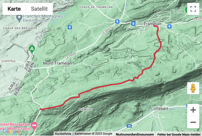 Übersichts-Routenkarte für die Wanderung vom Col du Mont Crosin nach Tramelan