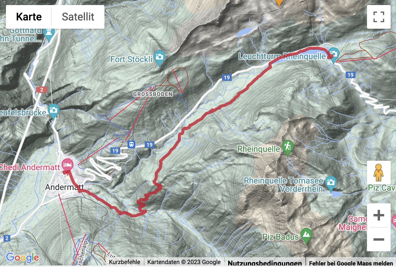 Carte de situation avec l'itinéraire pour la Bergwanderung von Andermatt auf den Oberalppass