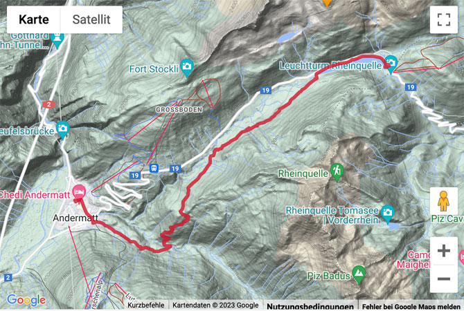 Übersichts-Routenkarte für die Bergwanderung von Andermatt auf den Oberalppass