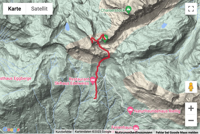 Übersichts-Routenkarte für die Gipfelwanderung (T4) zum Rossstock und zum Fulen