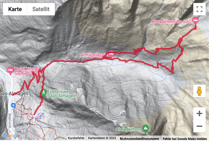 Übersichts-Routenkarte für die Bergwanderung von Saas-Almagell zur Almagellerhütte SAC