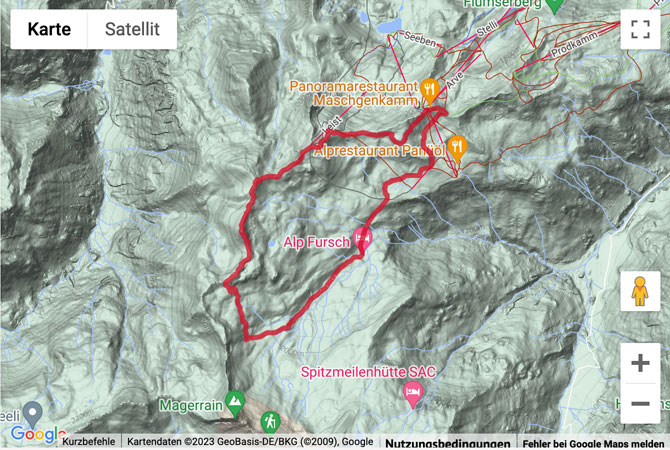 Übersichts-Routenkarte für die 3-Gipfelwanderung in den Flumserbergen