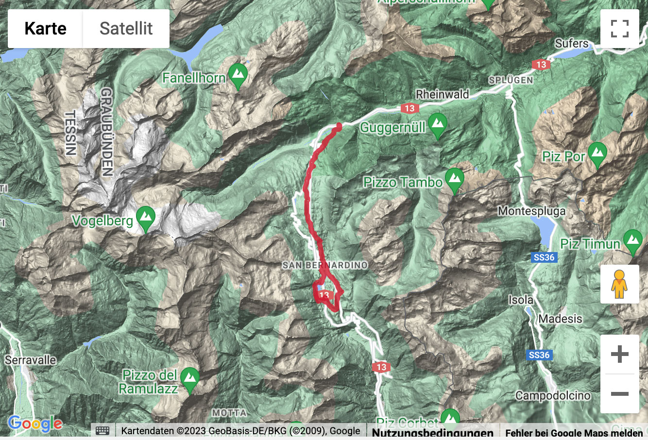 Carte de situation avec l'itinéraire pour la Bergwanderung über den Passo del San Bernardino