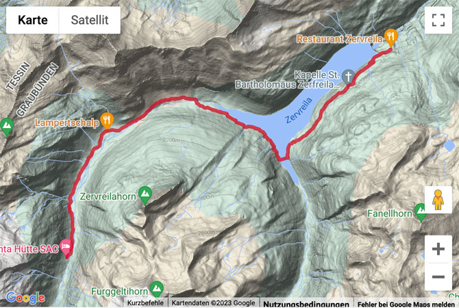 Übersichts-Routenkarte für die Bergwanderung von Zervreila (Vals) zur Länta-Hütte SAC