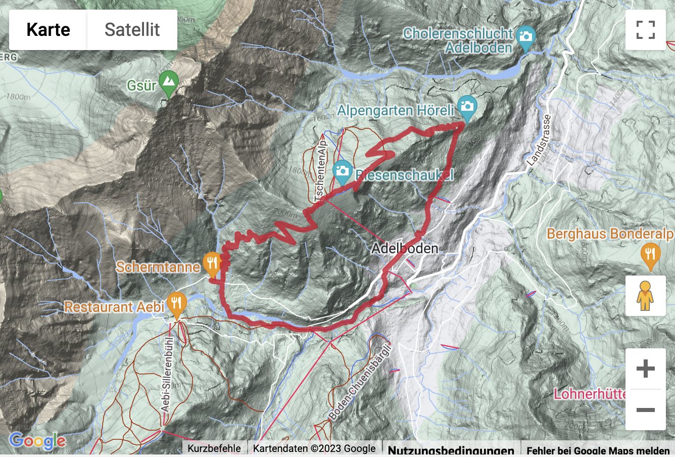 Carte de situation avec l'itinéraire pour la Randonnée de montagne depuis Adelboden par la Tschentenalp