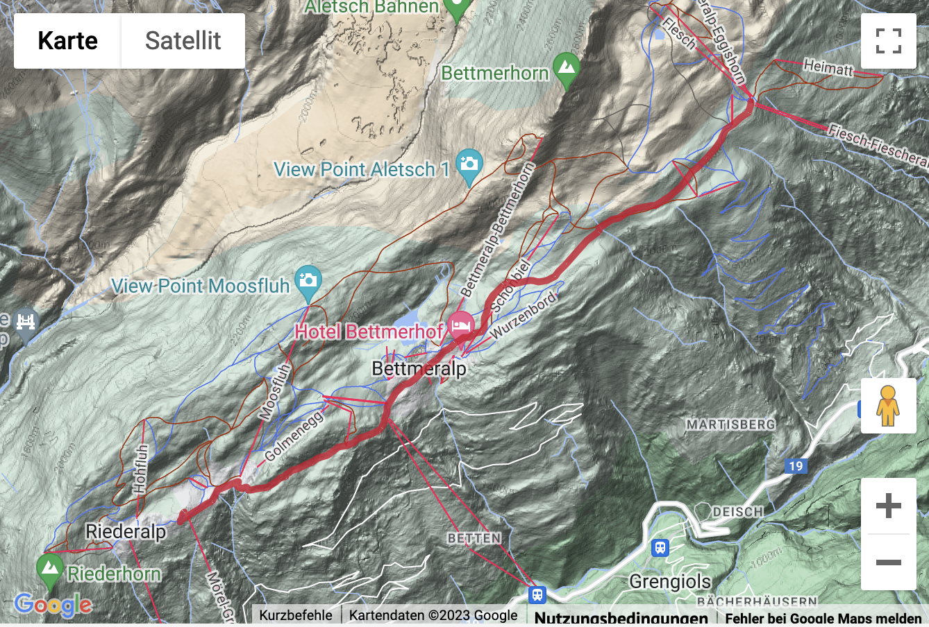 Carte de situation avec l'itinéraire pour la Panoramawanderung Fiescheralp - Bettmeralp - Riederalp